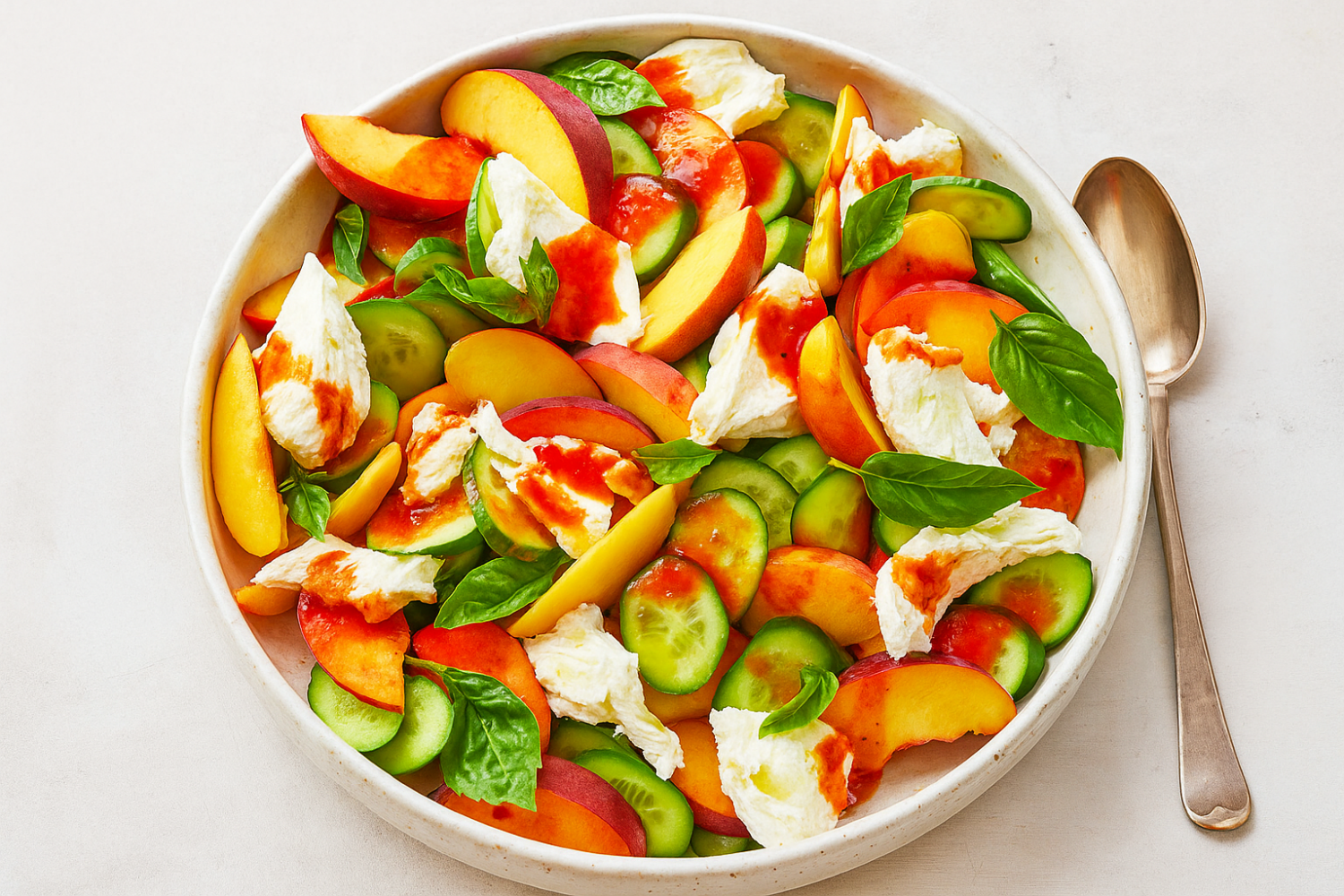 Peach, Cucumber, and Mozzarella Salad with Gochujang Vinaigrette