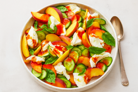 Peach, Cucumber, and Mozzarella Salad with Gochujang Vinaigrette