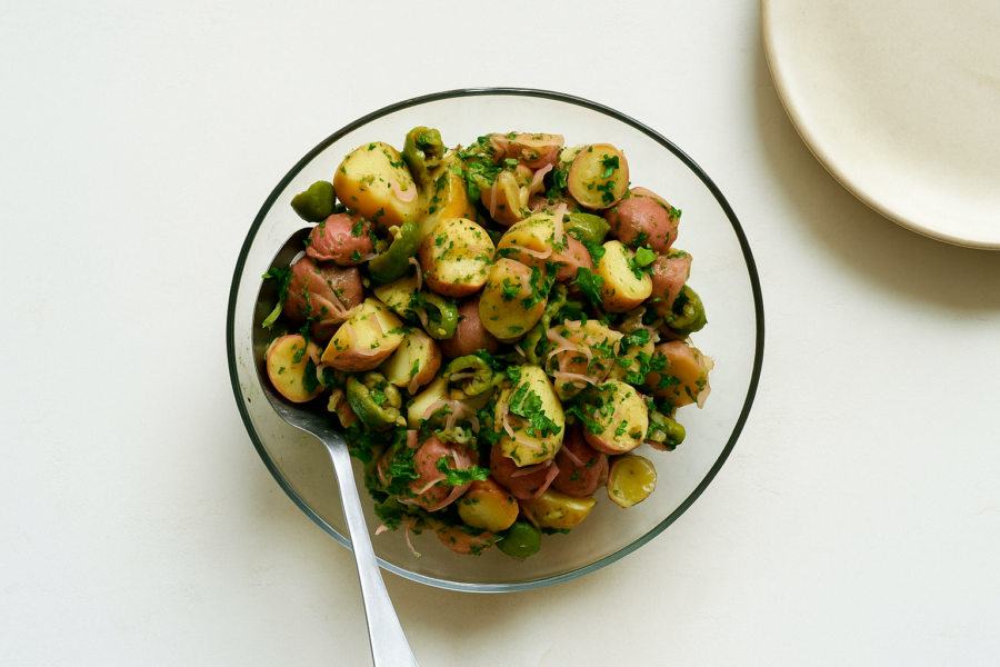 Herby Potato Salad with Smashed Olives